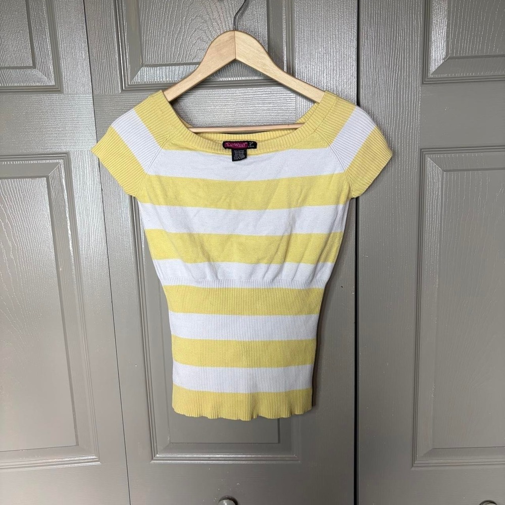 Say What? Women Yellow White Striped Ribbed Scoop Neck Y2K Knit Blouse Size M